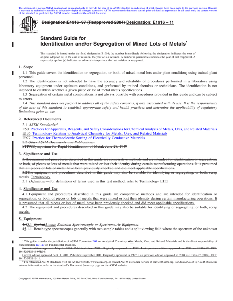 REDLINE ASTM E1916-11 - Standard Guide for  Identification of Mixed Lots of Metals