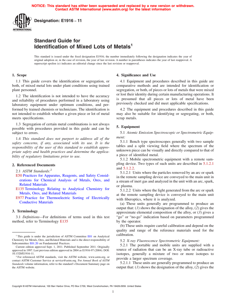 ASTM E1916-11 - Standard Guide for  Identification of Mixed Lots of Metals