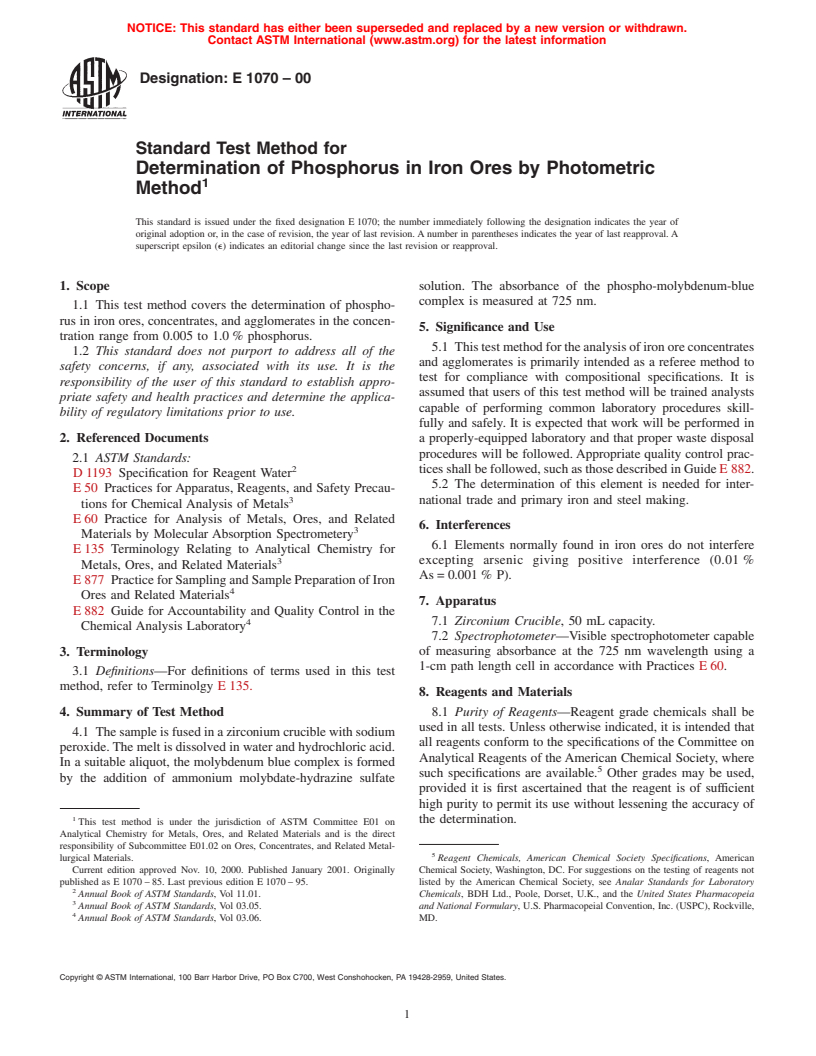 ASTM E1070-00 - Standard Test Method for Determination of Phosphorus in Iron Ores by the Phosphometric Method