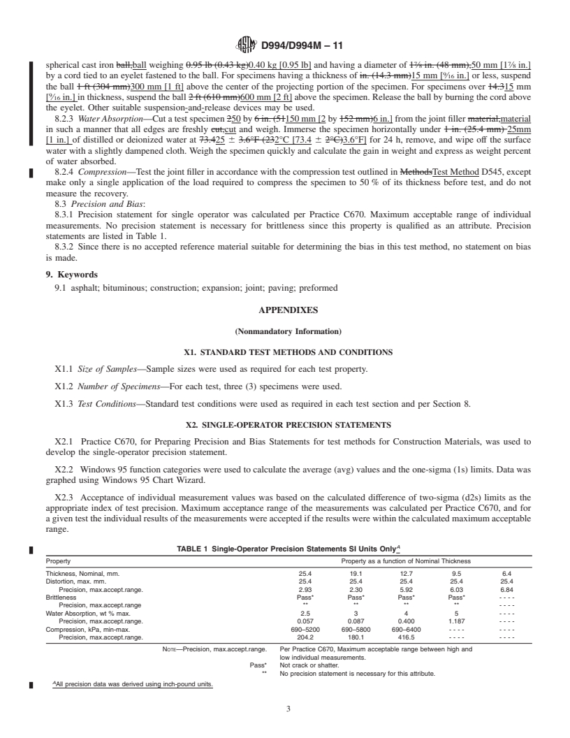 REDLINE ASTM D994/D994M-11 - Standard Specification for  Preformed Expansion Joint Filler for Concrete (Bituminous Type)