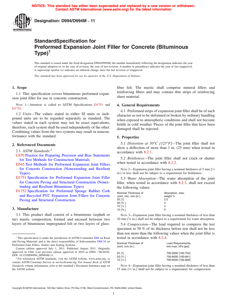 ASTM D994/D994M-11 - Standard Specification for  Preformed Expansion Joint Filler for Concrete (Bituminous Type)