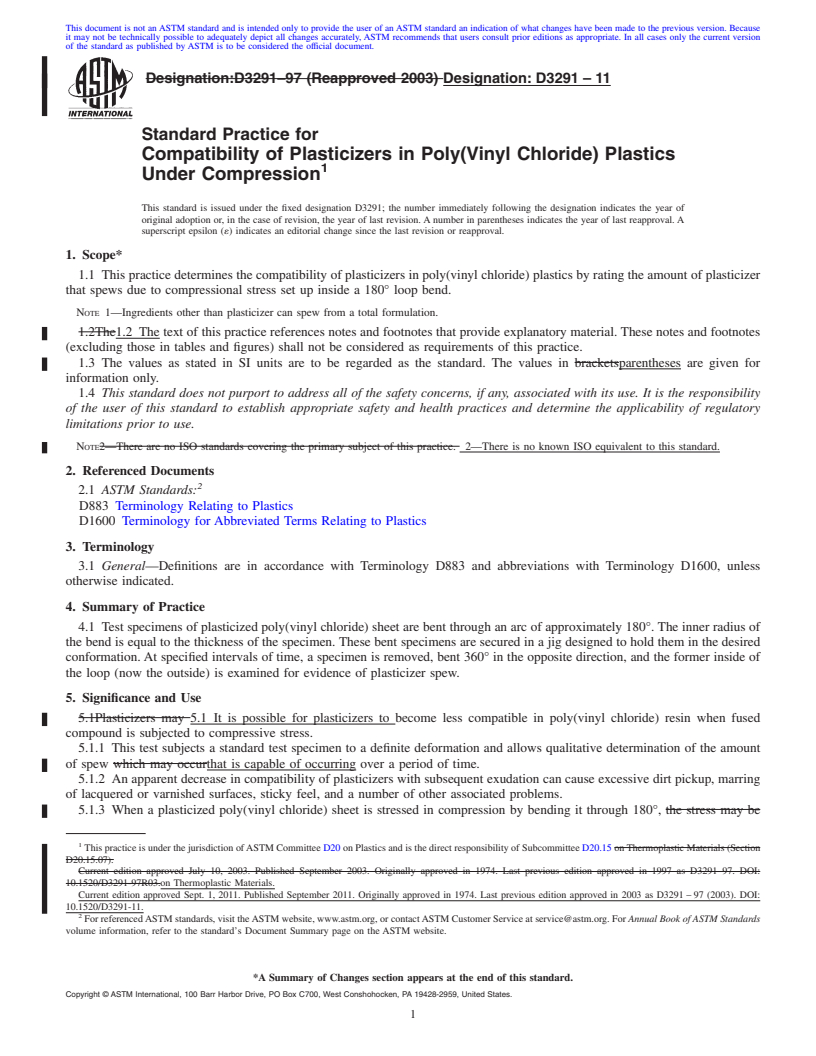 REDLINE ASTM D3291-11 - Standard Practice for  Compatibility of Plasticizers in Poly(Vinyl Chloride) Plastics Under Compression