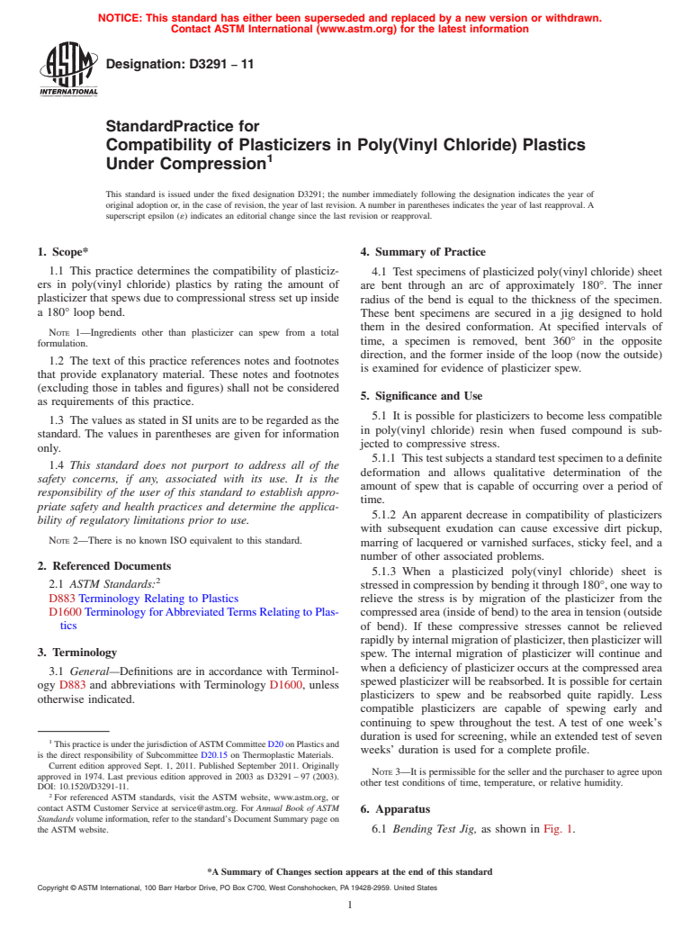 ASTM D3291-11 - Standard Practice for  Compatibility of Plasticizers in Poly(Vinyl Chloride) Plastics Under Compression