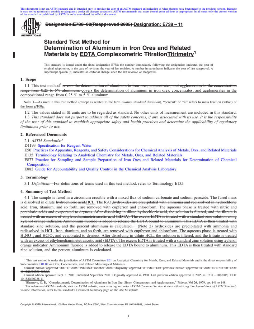 REDLINE ASTM E738-11 - Standard Test Method for  Determination of Aluminum in Iron Ores and Related Materials by EDTA Complexometric Titrimetry (Withdrawn 2020)