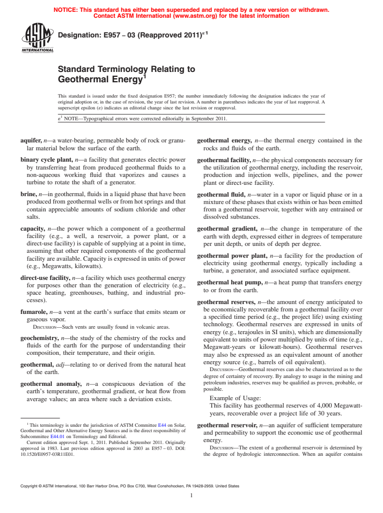 ASTM E957-03(2011)e1 - Standard Terminology Relating to Geothermal Energy