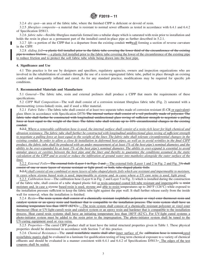 REDLINE ASTM F2019-11 - Standard Practice for Rehabilitation of Existing Pipelines and Conduits by the Pulled in  Place Installation of Glass Reinforced Plastic (GRP) Cured-in-Place Thermosetting  Resin Pipe (CIPP)