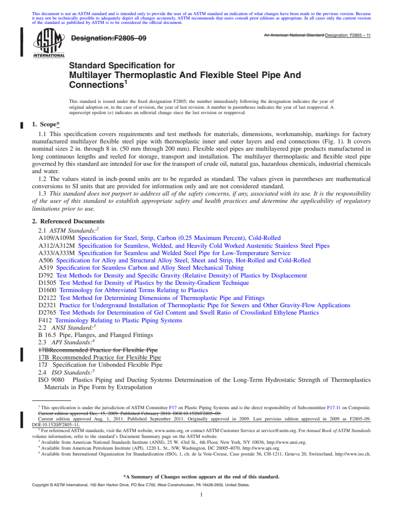 REDLINE ASTM F2805-11 - Standard Specification for Multilayer Thermoplastic And Flexible Steel Pipe And Connections