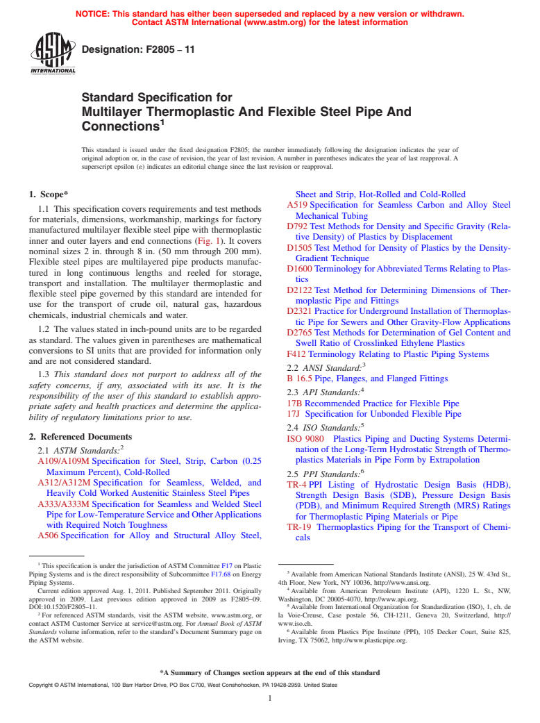 ASTM F2805-11 - Standard Specification for Multilayer Thermoplastic And Flexible Steel Pipe And Connections