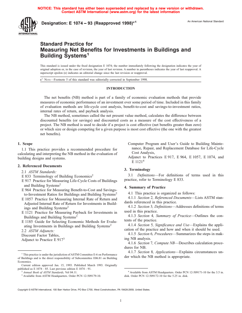 ASTM E1074-93(1998)e1 - Standard Practice for Measuring Net Benefits for Investments in Buildings and Building Systems