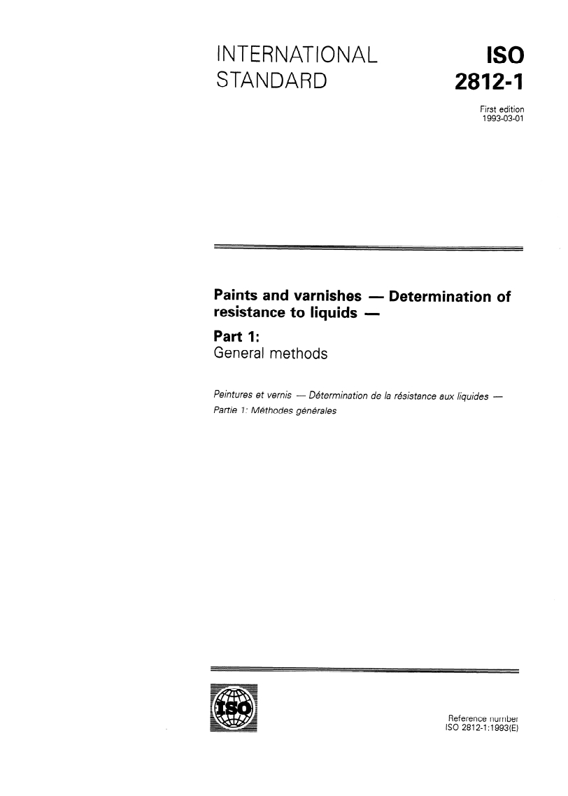 ISO 2812-1:1993 - Paints and varnishes — Determination of resistance to liquids — Part 1: General methods
Released:2/18/1993
