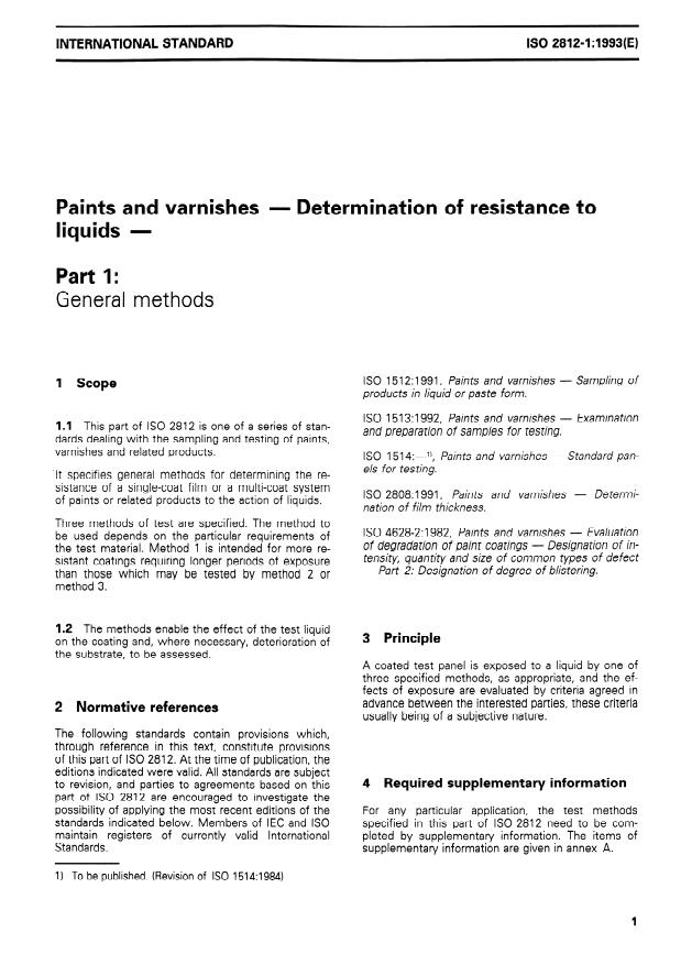 ISO 2812-1:1993 - Paints and varnishes -- Determination of resistance to liquids