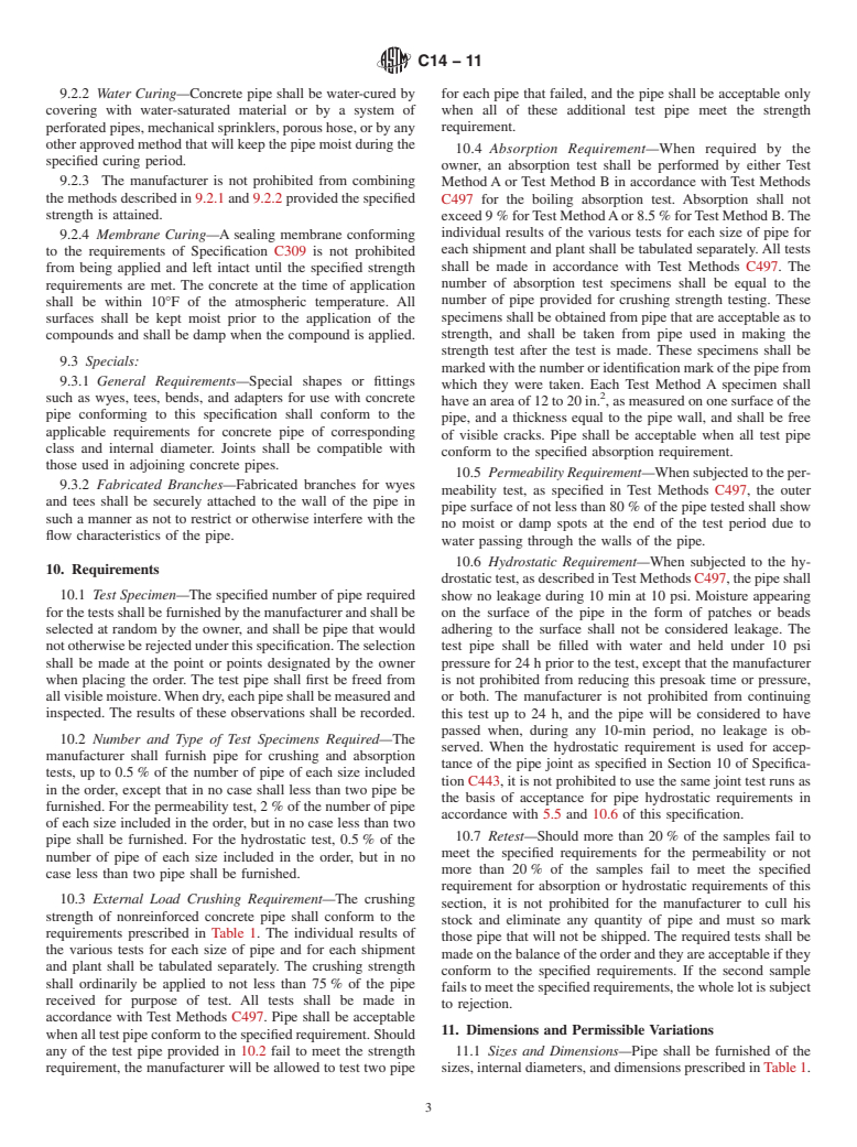 ASTM C14-11 - Standard Specification for  Nonreinforced Concrete Sewer, Storm Drain, and Culvert Pipe