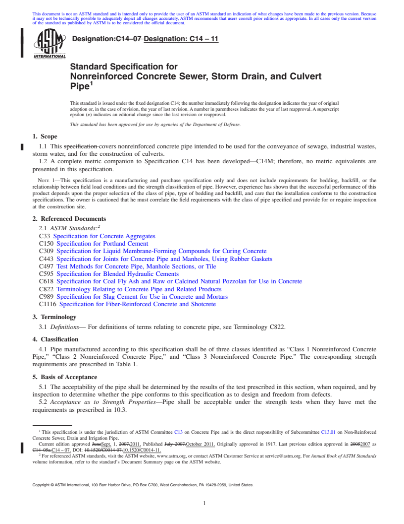 REDLINE ASTM C14-11 - Standard Specification for  Nonreinforced Concrete Sewer, Storm Drain, and Culvert Pipe