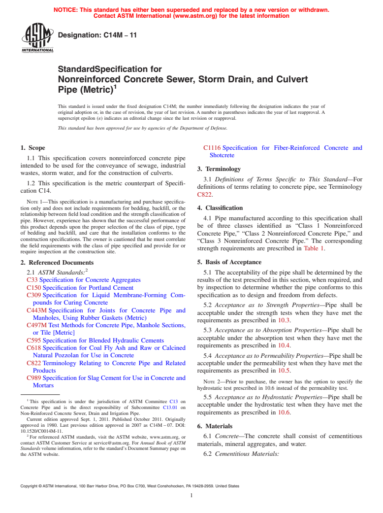 ASTM C14M-11 - Standard Specification for  Nonreinforced Concrete Sewer, Storm Drain, and Culvert Pipe (Metric)