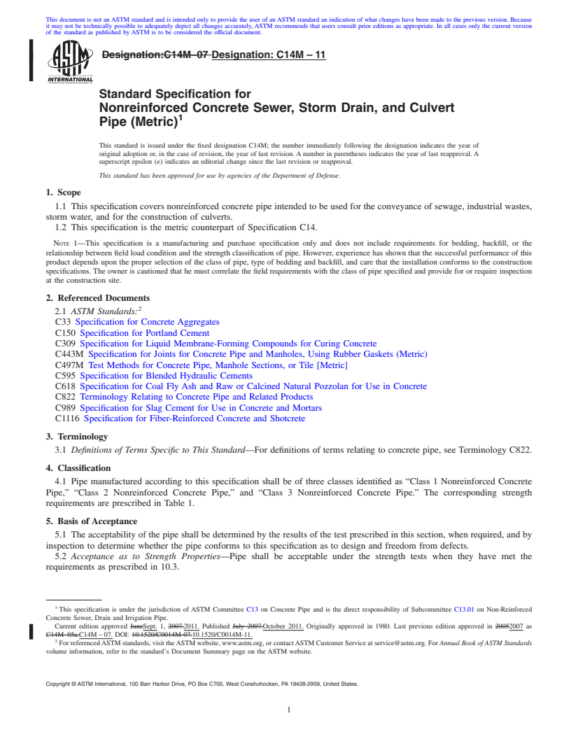 REDLINE ASTM C14M-11 - Standard Specification for  Nonreinforced Concrete Sewer, Storm Drain, and Culvert Pipe (Metric)