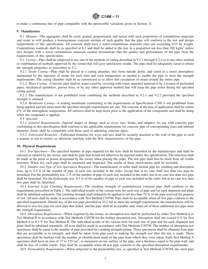 REDLINE ASTM C14M-11 - Standard Specification for  Nonreinforced Concrete Sewer, Storm Drain, and Culvert Pipe (Metric)