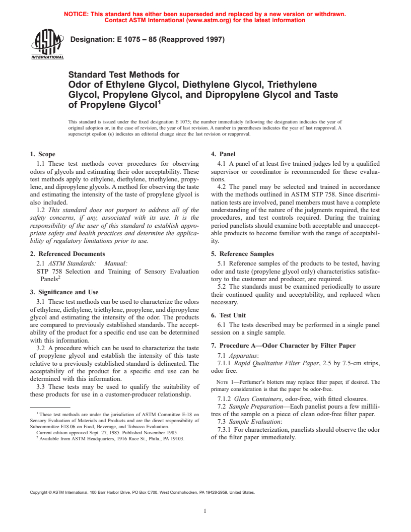 ASTM E1075-85(1997) - Standard Test Methods for Odor of Ethylene Glycol, Diethylene Glycol, Triethylene Glycol, Propylene Glycol, and Dipropylene Glycol and Taste of Propylene Glycol