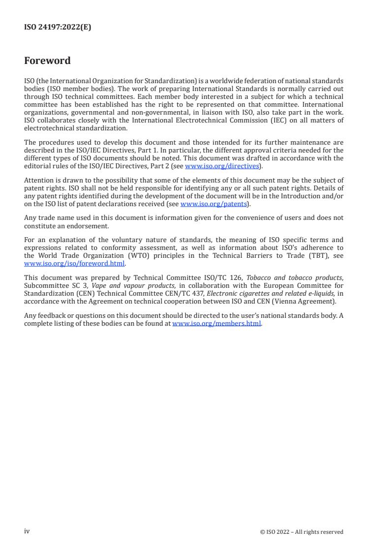 ISO 24197:2022 ISO 24197:2022 - Vapour products — Determination of e-liquid vaporised mass and aerosol collected mass
Released:10. 11. 2022 - Page 4 preview