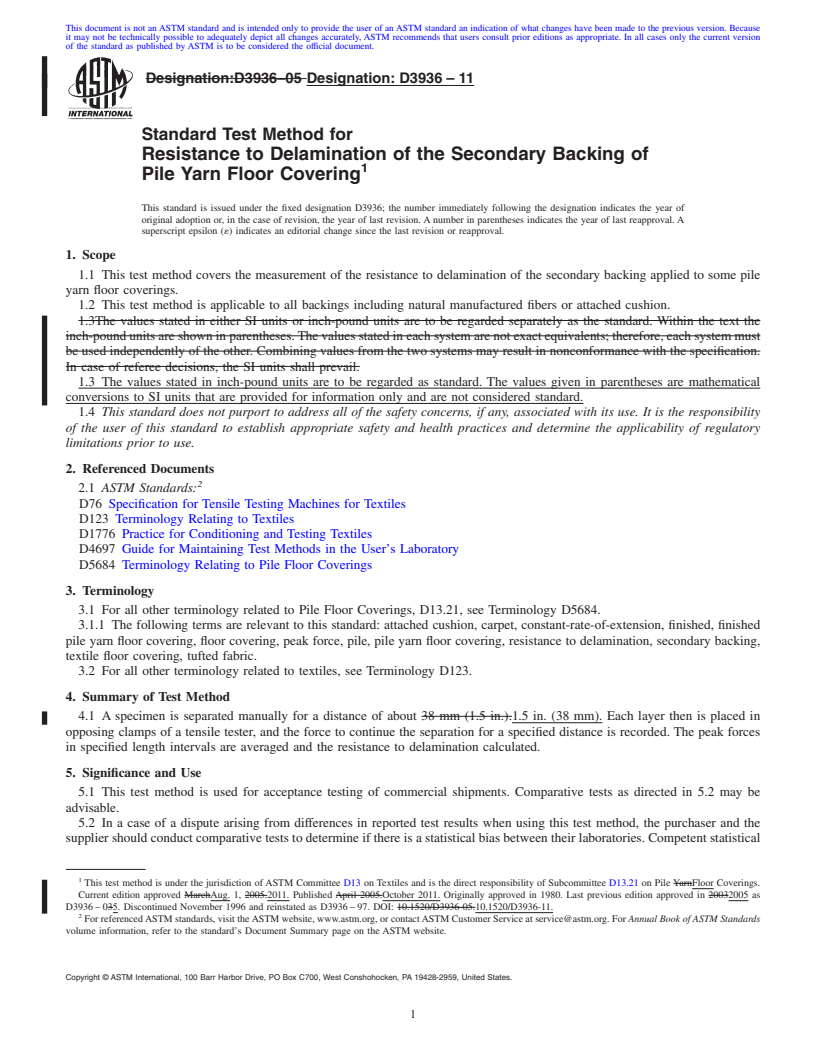 REDLINE ASTM D3936-11 - Standard Test Method for  Resistance to Delamination of the Secondary Backing of Pile Yarn Floor Covering