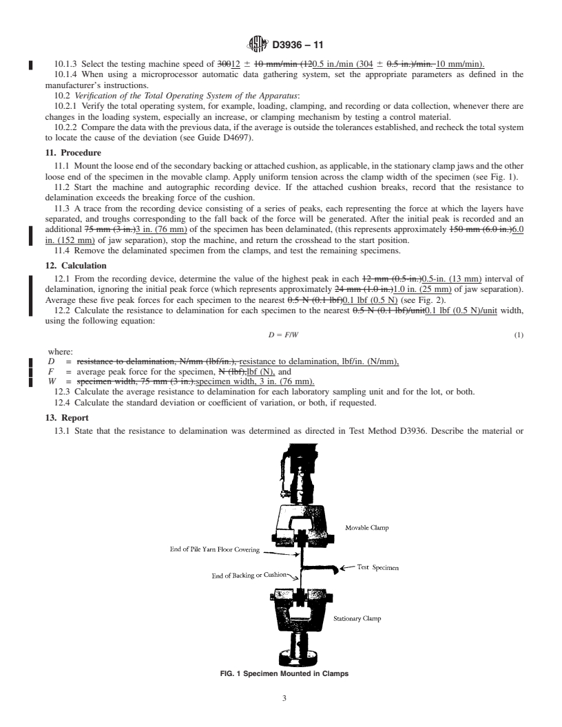 REDLINE ASTM D3936-11 - Standard Test Method for  Resistance to Delamination of the Secondary Backing of Pile Yarn Floor Covering