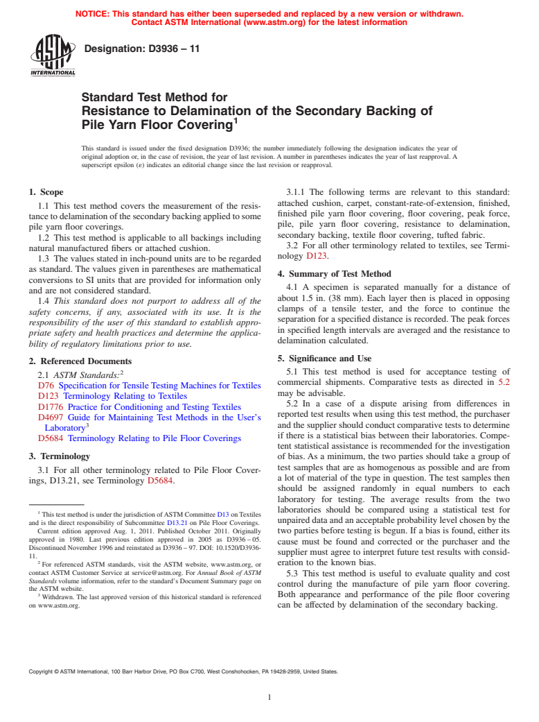 ASTM D3936-11 - Standard Test Method for  Resistance to Delamination of the Secondary Backing of Pile Yarn Floor Covering