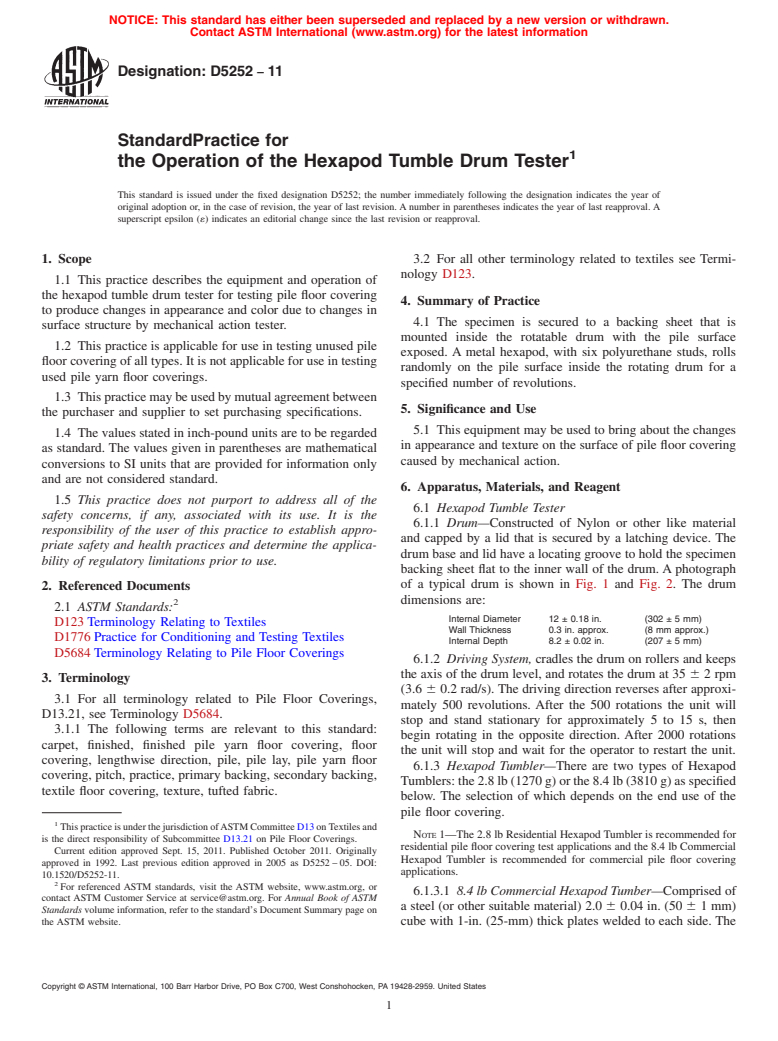 ASTM D5252-11 - Standard Practice for the Operation of the Hexapod Tumble Drum Tester