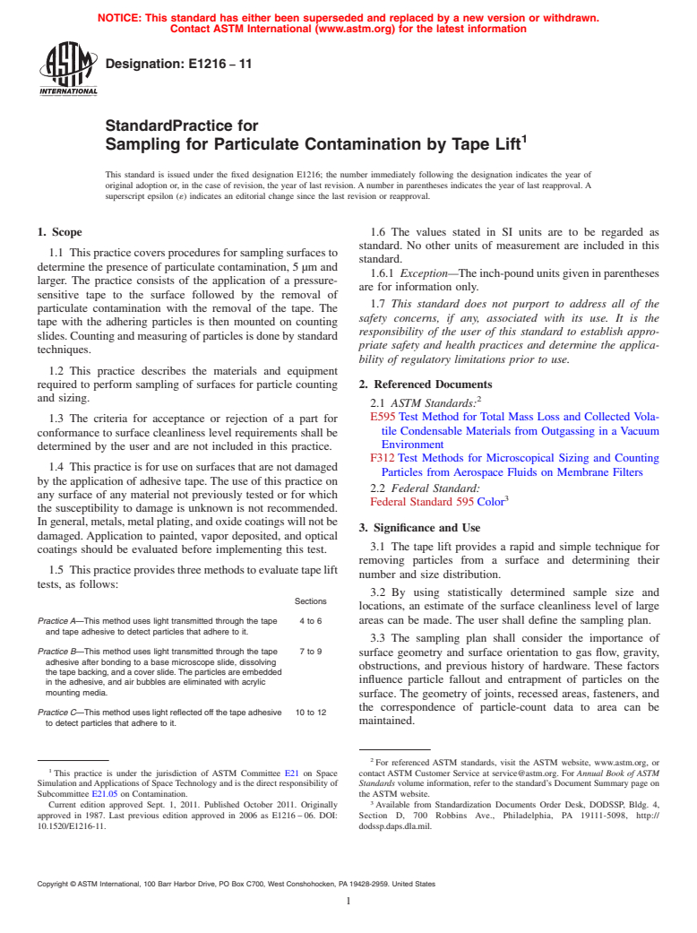 ASTM E1216-11 - Standard Practice for Sampling for Particulate Contamination by Tape Lift