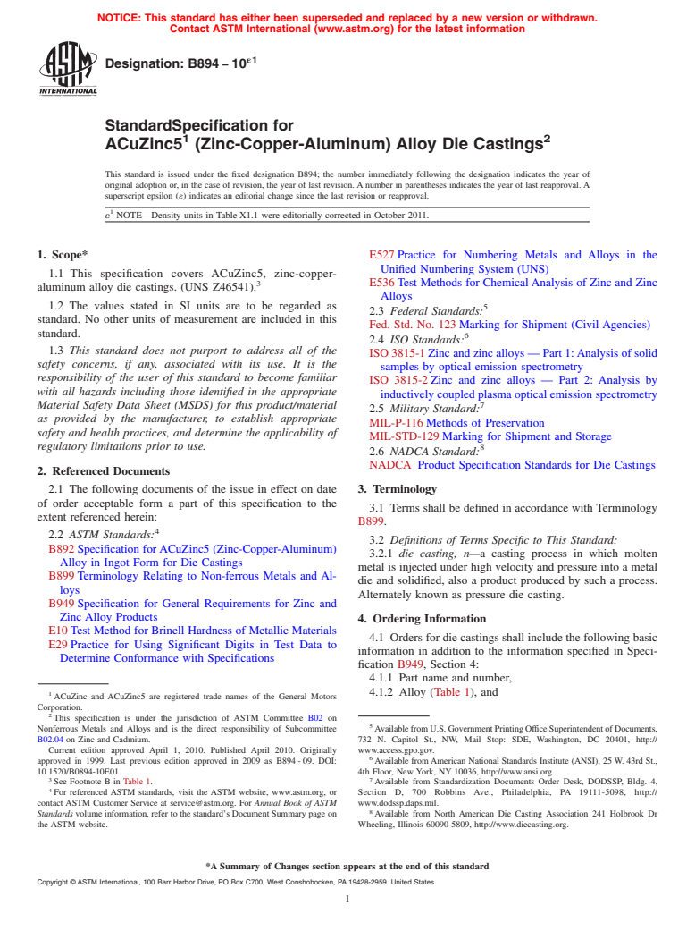 ASTM B894-10e1 - Standard Specification for ACuZinc5  (Zinc-Copper-Aluminum) Alloy Die Castings