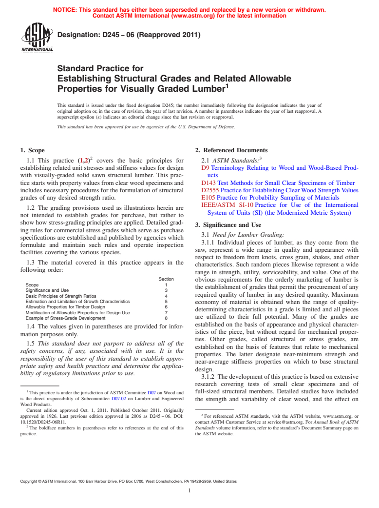 ASTM D245-06(2011) - Standard Practice for Establishing Structural Grades and Related Allowable Properties for Visually Graded Lumber