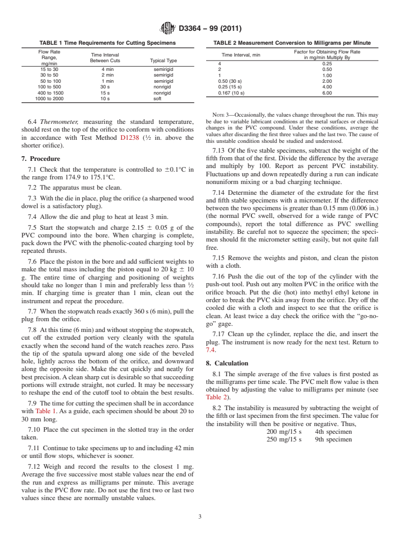 ASTM D3364-99(2011) - Standard Test Method for  Flow Rates for Poly(Vinyl Chloride) with Molecular Structural Implications