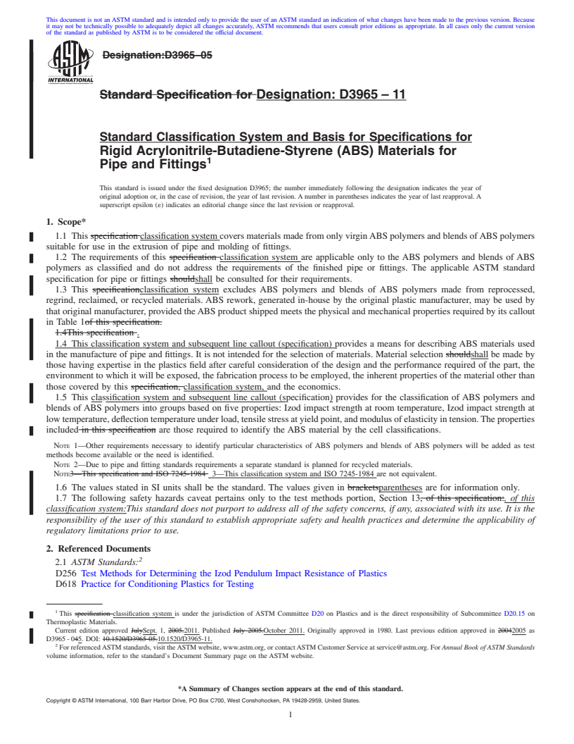 REDLINE ASTM D3965-11 - Standard Classification System and Basis for Specifications for Rigid Acrylonitrile-Butadiene-Styrene (ABS) Materials for Pipe and Fittings