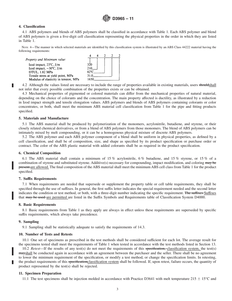 REDLINE ASTM D3965-11 - Standard Classification System and Basis for Specifications for Rigid Acrylonitrile-Butadiene-Styrene (ABS) Materials for Pipe and Fittings