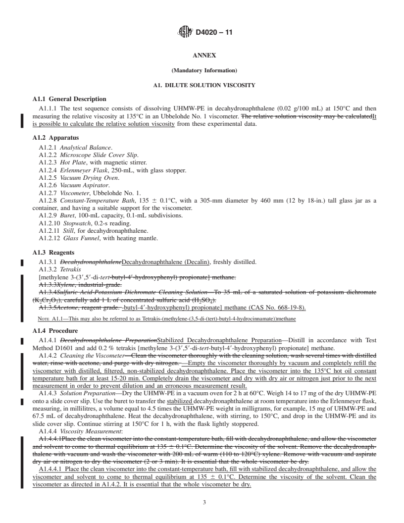 REDLINE ASTM D4020-11 - Standard Specification for Ultra-High-Molecular-Weight Polyethylene Molding and Extrusion Materials