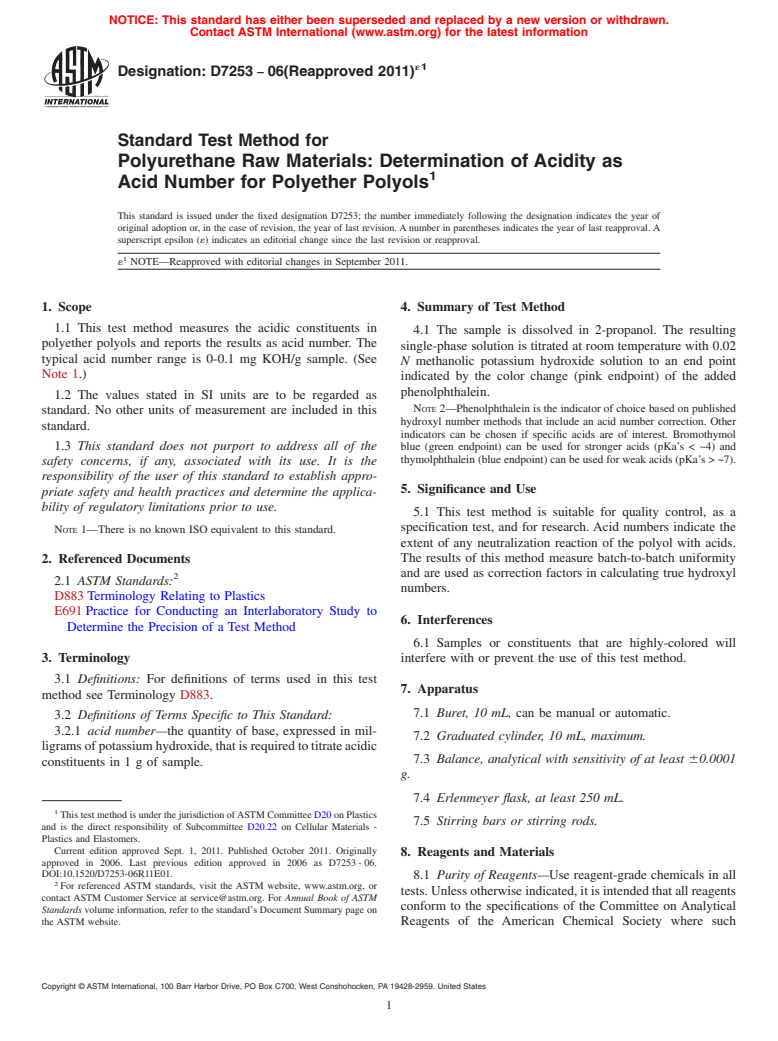 ASTM D7253-06(2011)e1 - Standard Test Method for Polyurethane Raw Materials: Determination of Acidity as Acid Number for Polyether Polyols