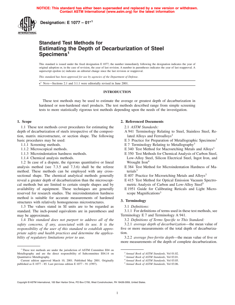 ASTM E1077-01e1 - Standard Test Methods for Estimating the Depth of Decarburization of Steel Specimens