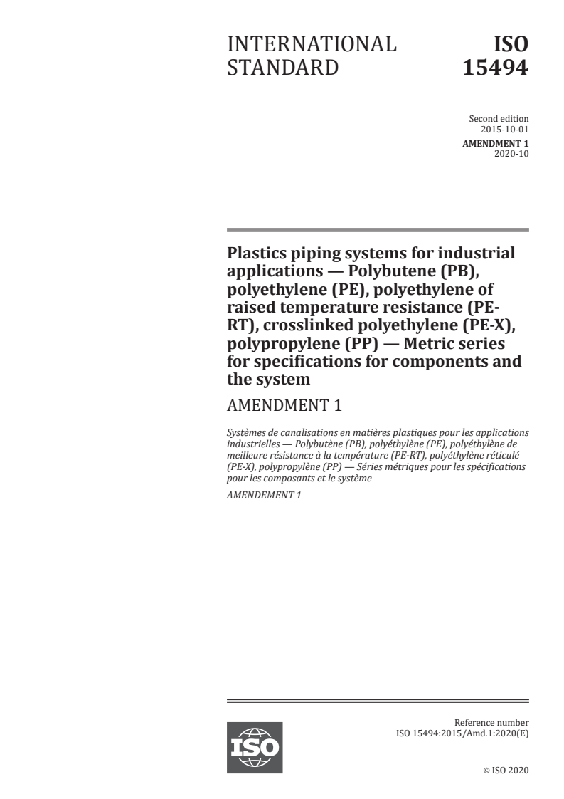 ISO 15494:2015/Amd 1:2020 - Plastics piping systems for industrial applications — Polybutene (PB), polyethylene (PE), polyethylene of raised temperature resistance (PE-RT), crosslinked polyethylene (PE-X), polypropylene (PP) — Metric series for specifications for components and the system — Amendment 1
Released:11/2/2020