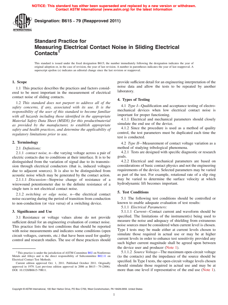 ASTM B615-79(2011) - Standard Practice for  Measuring Electrical Contact Noise in Sliding Electrical Contacts