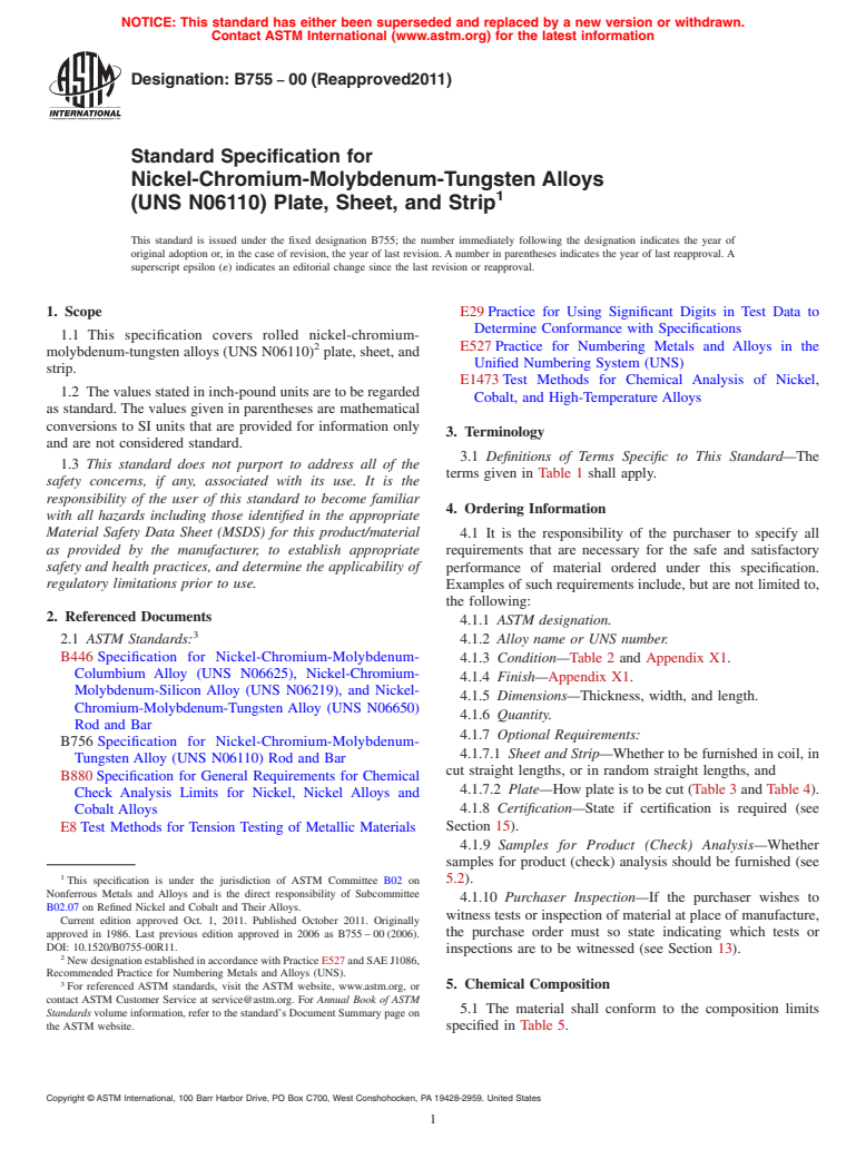 ASTM B755-00(2011) - Standard Specification for  Nickel-Chromium-Molybdenum-Tungsten Alloys <br> (UNS N06110) Plate, Sheet,  and Strip