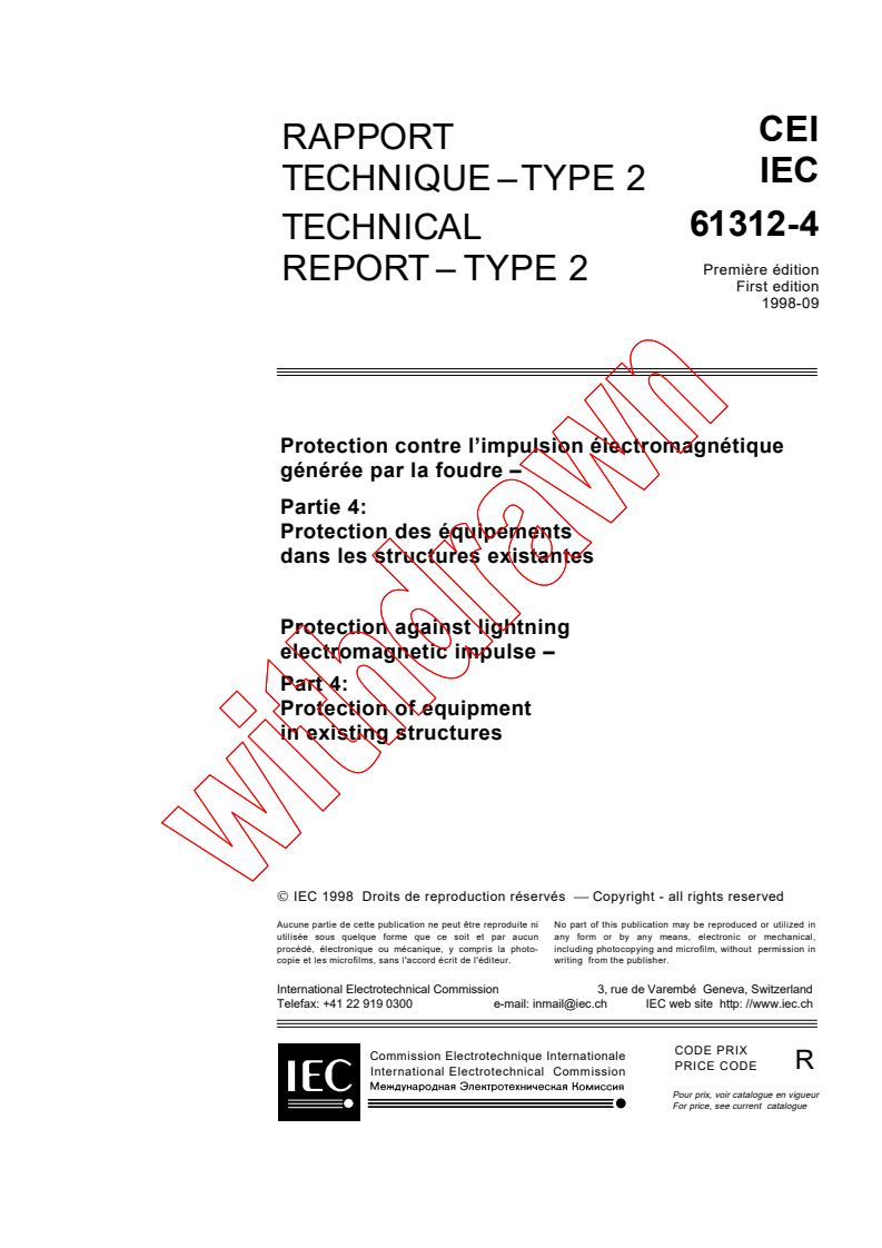 IEC TS 61312-4:1998 - Protection against lightning electromagnetic impulse - Part 4: Protection of equipment in existing structures
Released:9/11/1998
Isbn:2831845025
