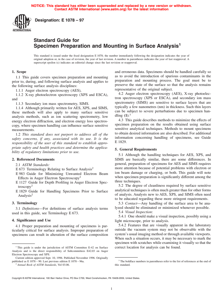 ASTM E1078-97 - Standard Guide for Procedures for Specimen Preparation and Mounting in Surface Analysis