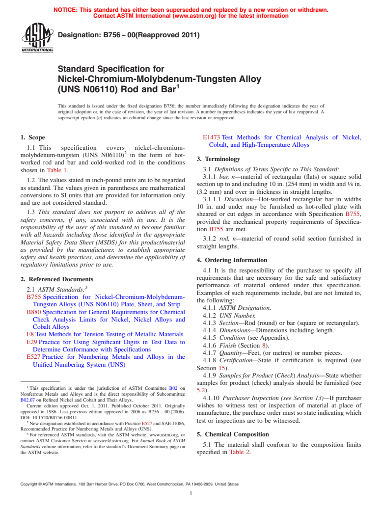 ASTM B756-00(2011) - Standard Specification for  Nickel-Chromium-Molybdenum-Tungsten Alloy <br> (UNS N06110) Rod and Bar