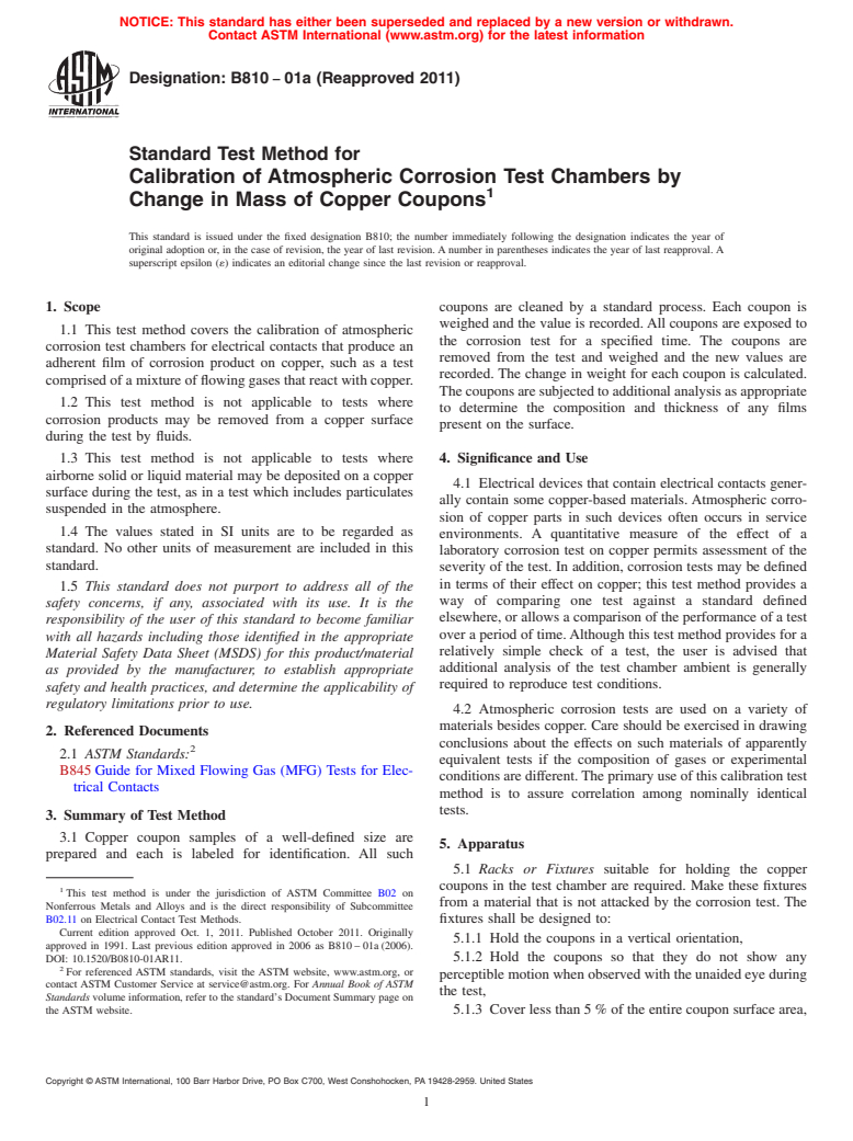 ASTM B810-01a(2011) - Standard Test Method for Calibration of Atmospheric Corrosion Test Chambers by Change in Mass of Copper Coupons