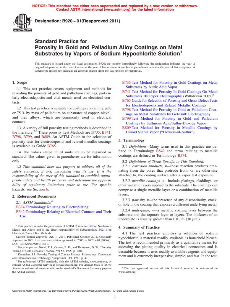 ASTM B920-01(2011) - Standard Practice for Porosity in Gold and Palladium Alloy Coatings on Metal Substrates by Vapors of Sodium Hypochlorite Solution