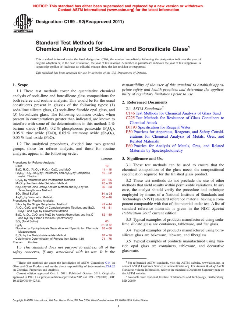 ASTM C169-92(2011) - Standard Test Methods for  Chemical Analysis of Soda-Lime and Borosilicate Glass