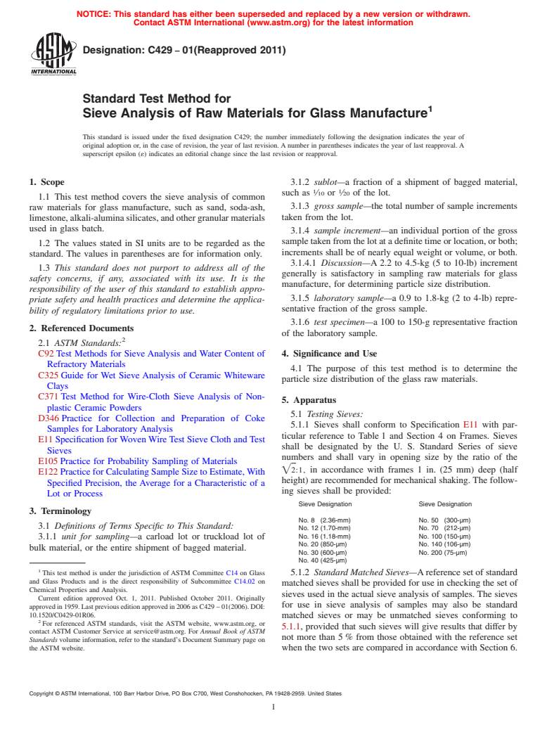 ASTM C429-01(2011) - Standard Test Method for  Sieve Analysis of Raw Materials for Glass Manufacture