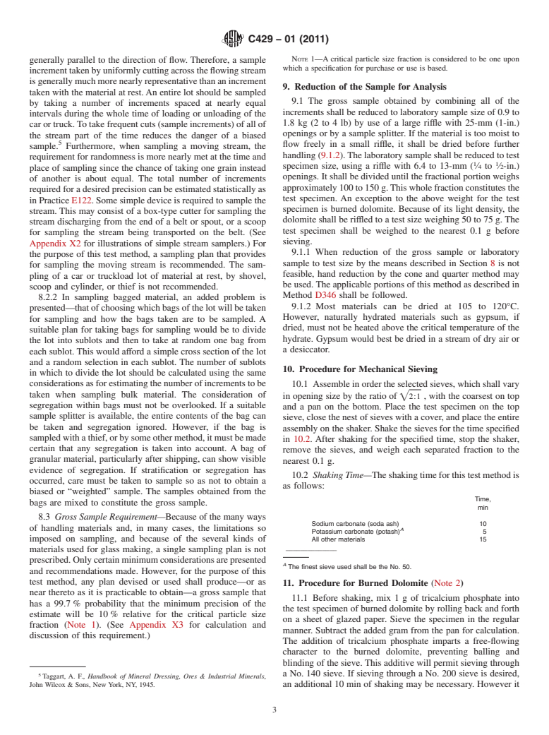 ASTM C429-01(2011) - Standard Test Method for  Sieve Analysis of Raw Materials for Glass Manufacture