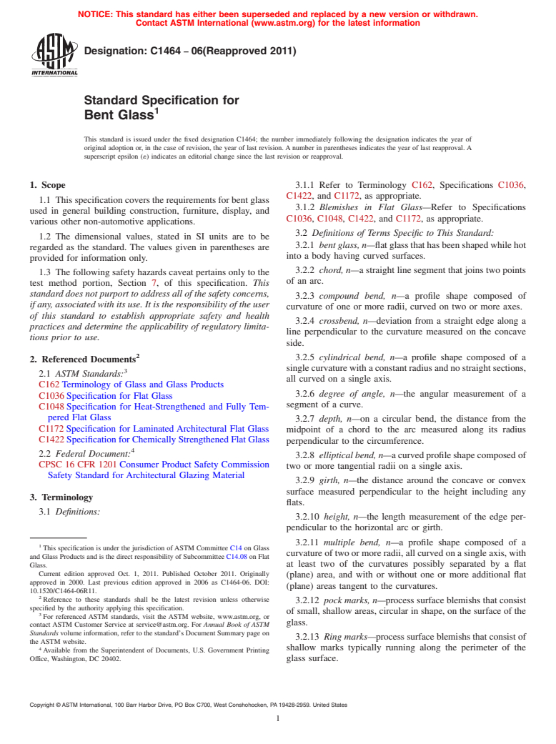 ASTM C1464-06(2011) - Standard Specification for Bent Glass