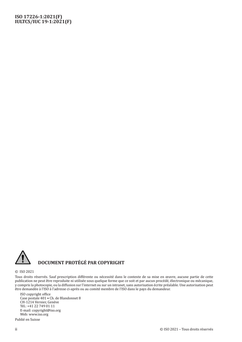 ISO 17226-1:2021 ISO 17226-1:2021 - Cuir — Dosage chimique du formaldéhyde — Partie 1: Méthode par chromatographie en phase liquide à haute performance
Released:2/17/2021 - Page 2 preview