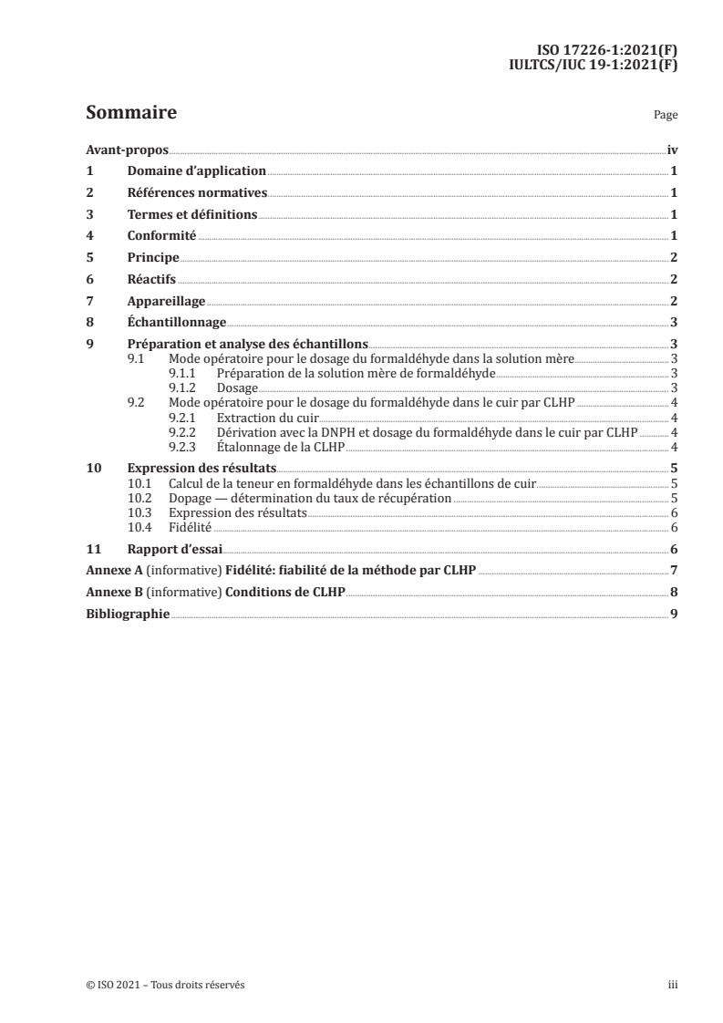ISO 17226-1:2021 - Cuir — Dosage chimique du formaldéhyde — Partie 1: Méthode par chromatographie en phase liquide à haute performance
Released:2/17/2021