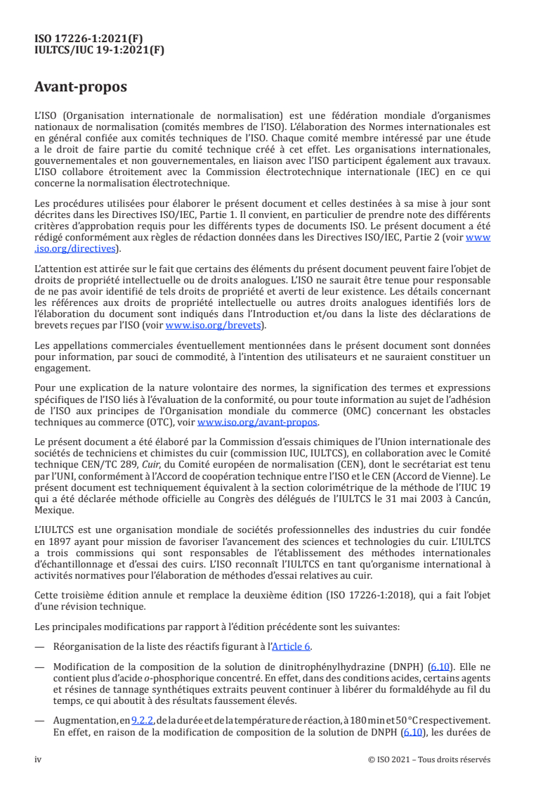 ISO 17226-1:2021 ISO 17226-1:2021 - Cuir — Dosage chimique du formaldéhyde — Partie 1: Méthode par chromatographie en phase liquide à haute performance
Released:2/17/2021 - Page 4 preview